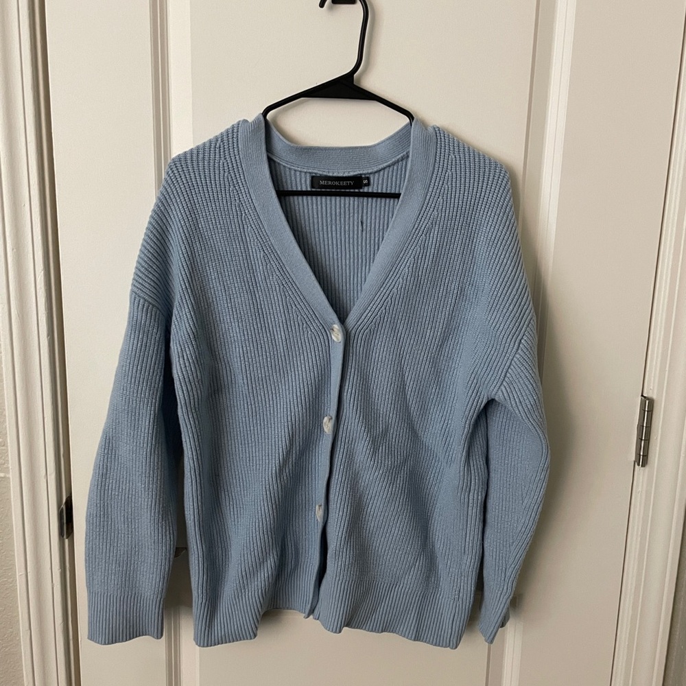 Blue V-Neck Button Cardigan Sweater
